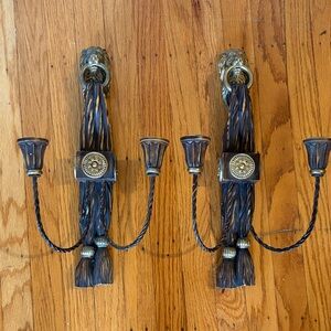 VTG Hollywood Regency Lion Head Tassel Wall Sconce Pair-Heavy Set